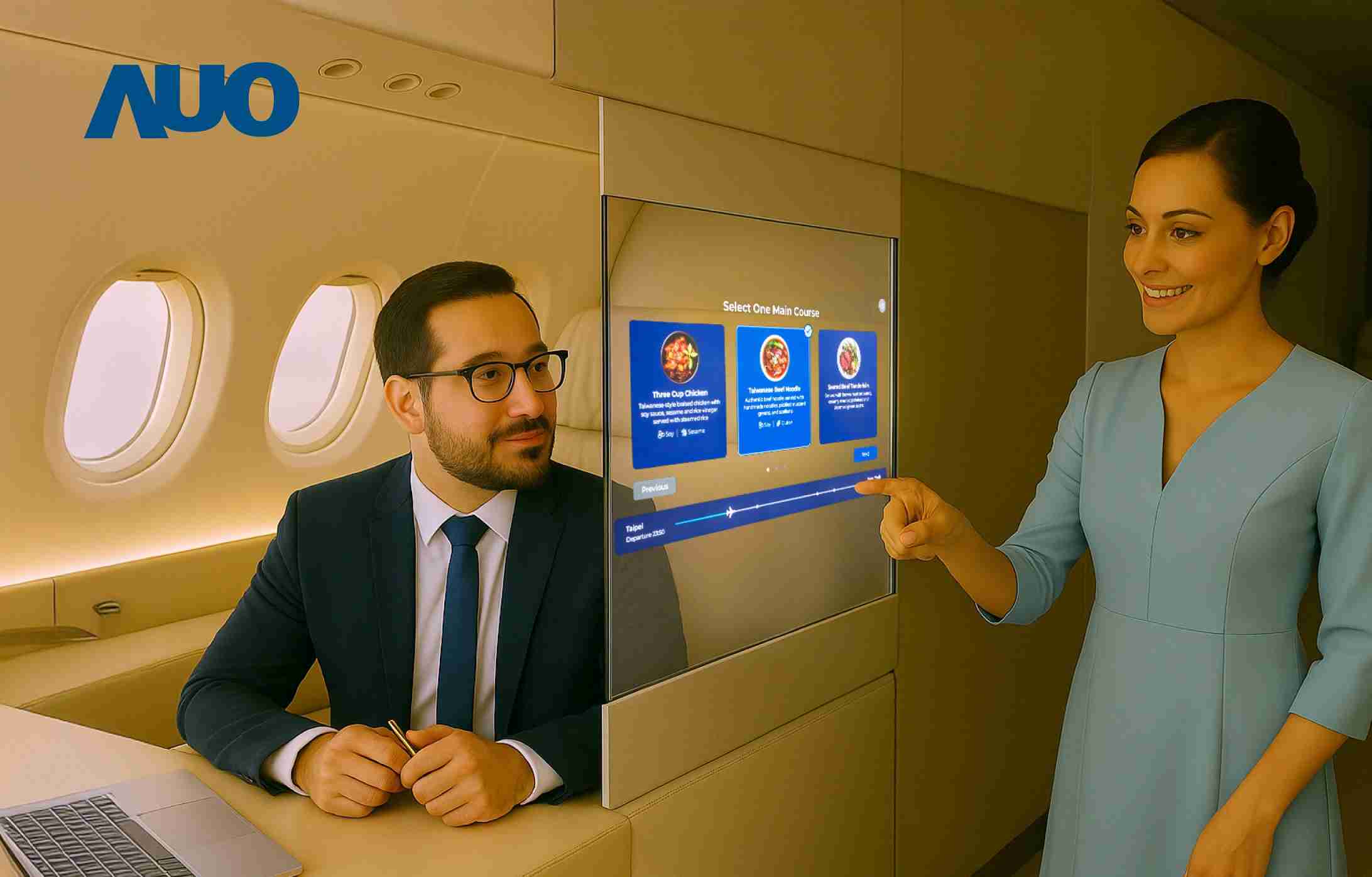 尊龙z6研发全球最薄17.3 吋双面透明 Micro LED 显示器，，，可在同一屏幕之双边投射不同信息，，，，创造独特的”透明化”互动；图为实时翻译交流应用情境